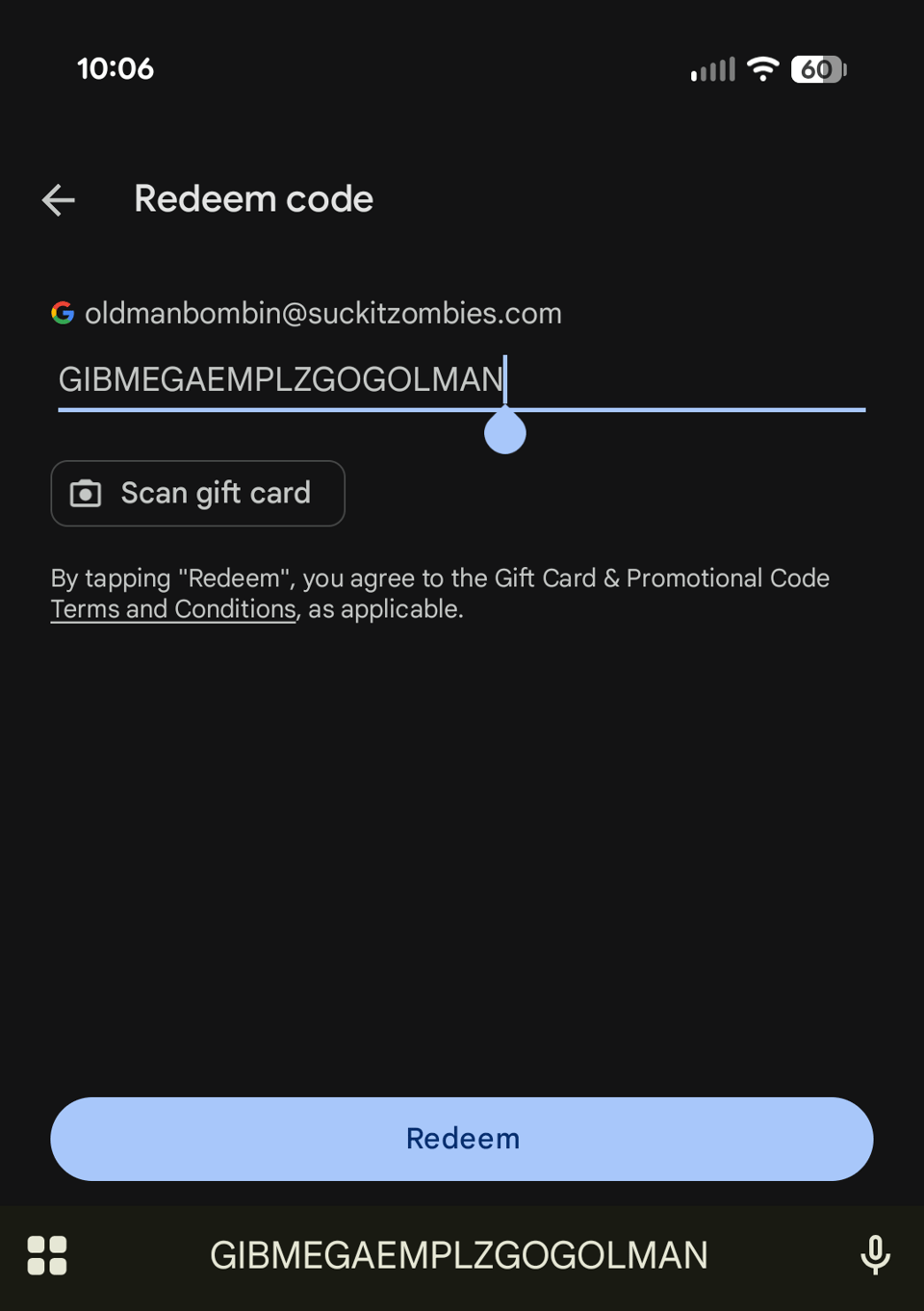 Enter your code and tap "Redeem"