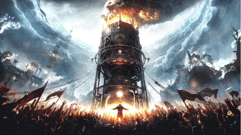 Cover of the Frostpunk board game - a tower with fire coming out of it.