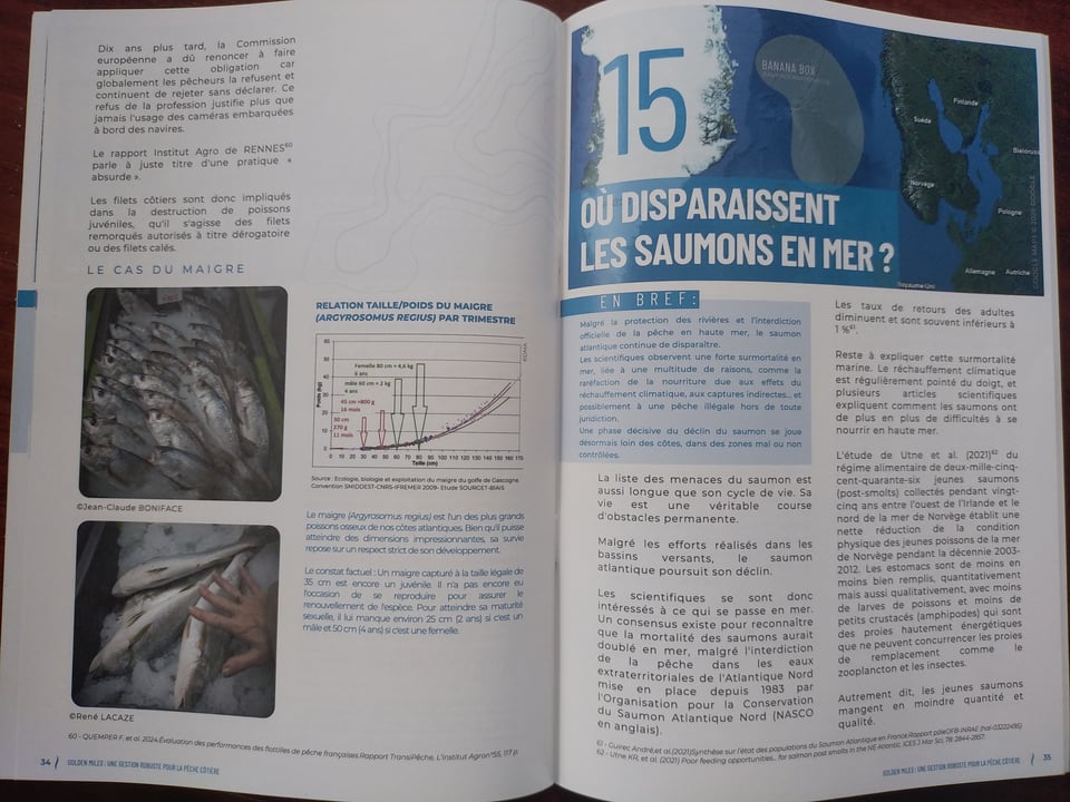 Aperçu du livret de sensibilisation Golden Miles de l'Association Défense des Milieux Aquatiques (DMA) qui propose une planification pragmatique de la pêche côtière, réservant les trois premiers milles aux seules pêches à l'hameçon, au casier et en plongée.