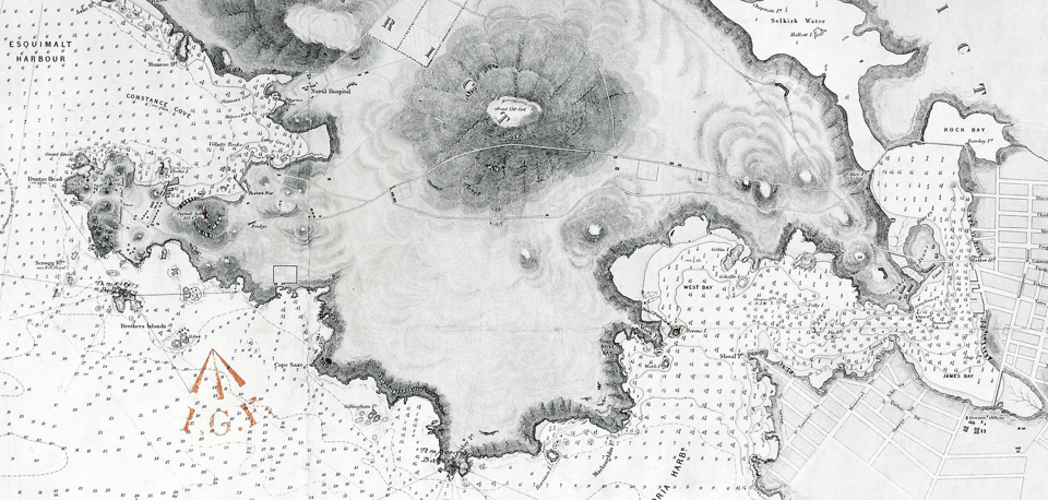 A black and white map detailing the harbours around Esquimalt and Victoria.