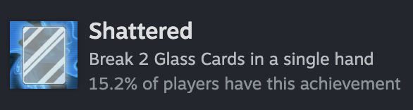 Screenshot of a Steam achievement, Shattered. Break 2 glass cards in a single hand. 15.2% of players have this achievement.