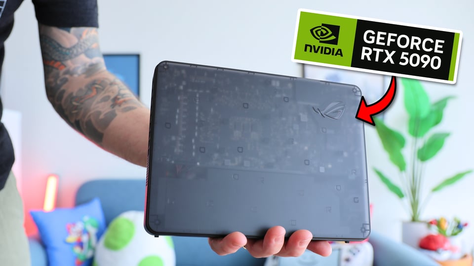 arm holding a generic plastic rectangle with a logo that says "nvidia geforce rtx 5090"
