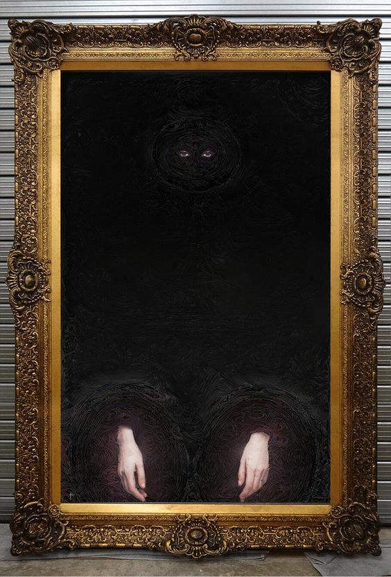 A large painting showing a mostly black canvas. Hands and eyes emerge from the darkness, to eerie effect.
