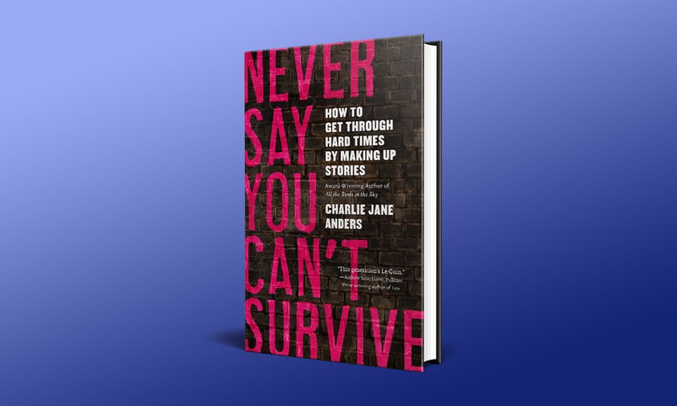 The cover of Never Say You Can't Survive against a purple background. The cover has the title in pink letters against a brick wall.