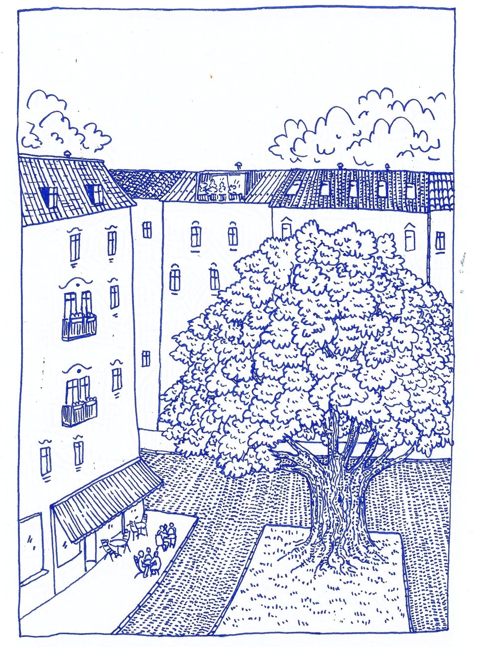 A blue ink drawing on white paper of a corner cafe and a large tree from aerial view