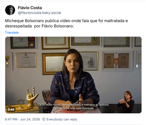 Post de Flávio Costa (‪@flaviorcosta.bsky.social‬) :

Micheque Bolsonaro publica vídeo onde fala que foi maltratada e desrespeitada  por Flávio Bolsonaro.

(Post contém vídeo)