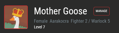 A screenshot from D&D Beyond with a character sheet icon. "Mother Goose, Female Aarakocra, Fighter 2/Warlock 5, Level 7"