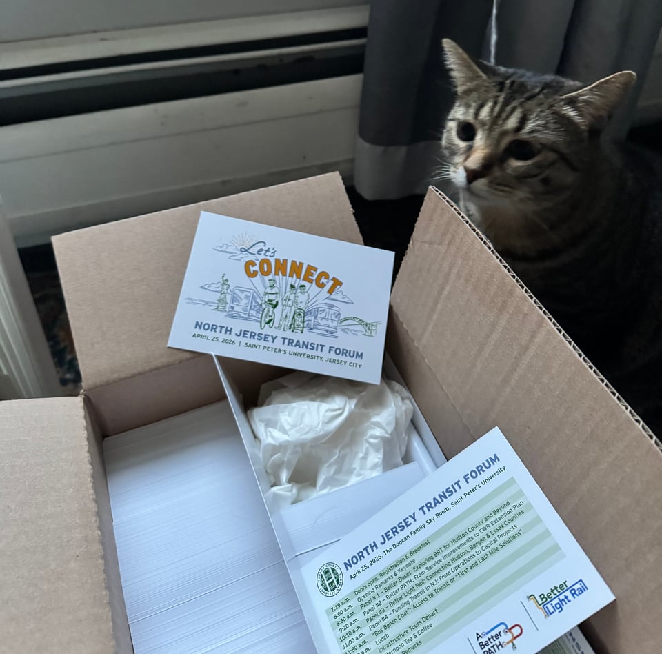 A tabby cat named Mariko (mah-rih-ko) looks curiously upon a 4" x 6" marketing card for the North Jersey Transit Forum.