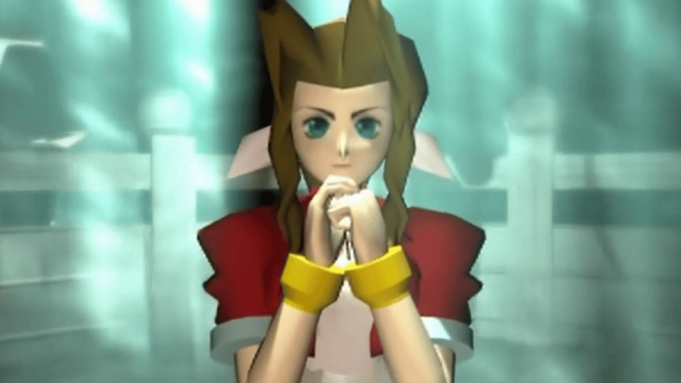 Aerith from the original Final Fantasy 7, praying shortly before she gets stabbed by the big bad