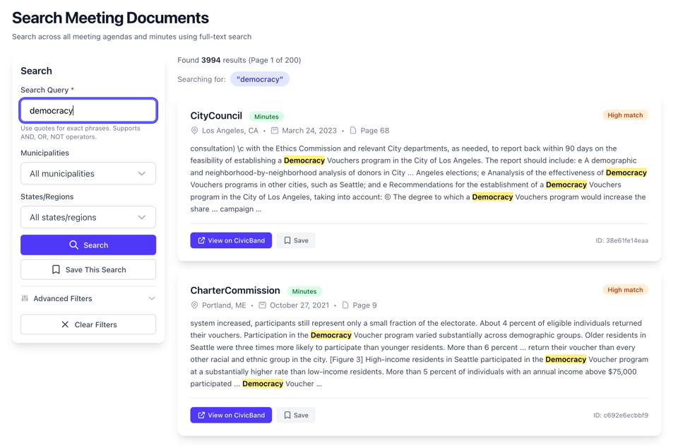 Full search and alert on every CivicBand site