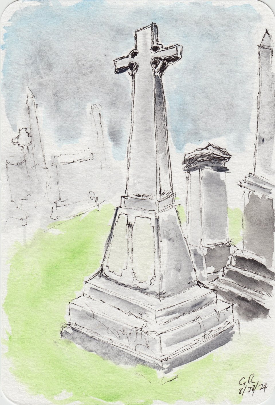 postcard of ink & watercolor sketch of a graveyard, with a big cross in the foreground.