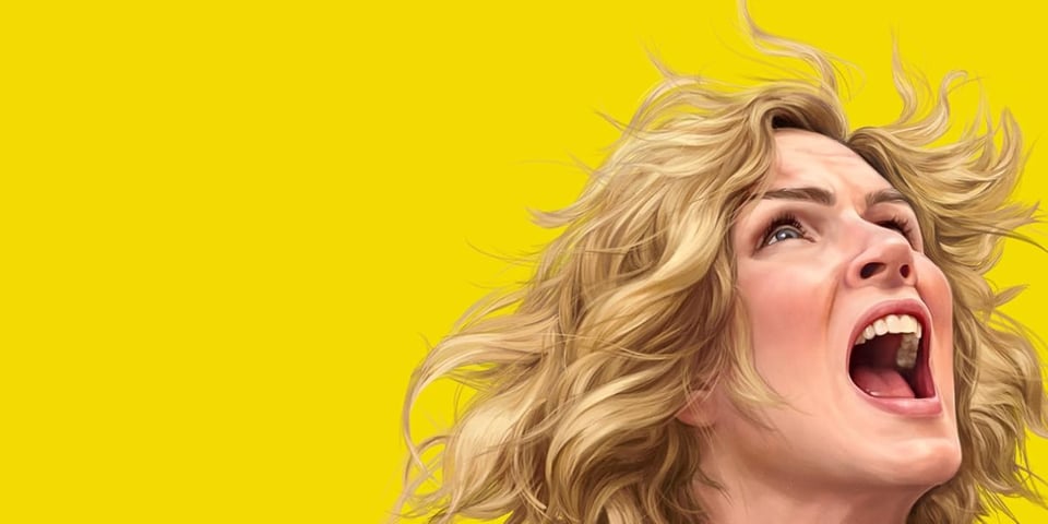 The main character of Pluribus have a good old shout in front of a yellow background.