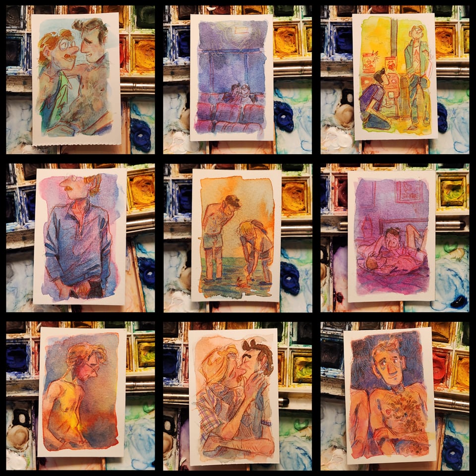 A grid of nine NewOldRare sketchcards.