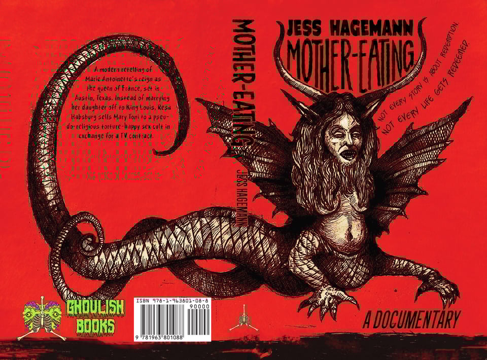 full jacket of mother-eating. an illustration of a harpy-like beast that's similar to old caricatures of marie antoinette