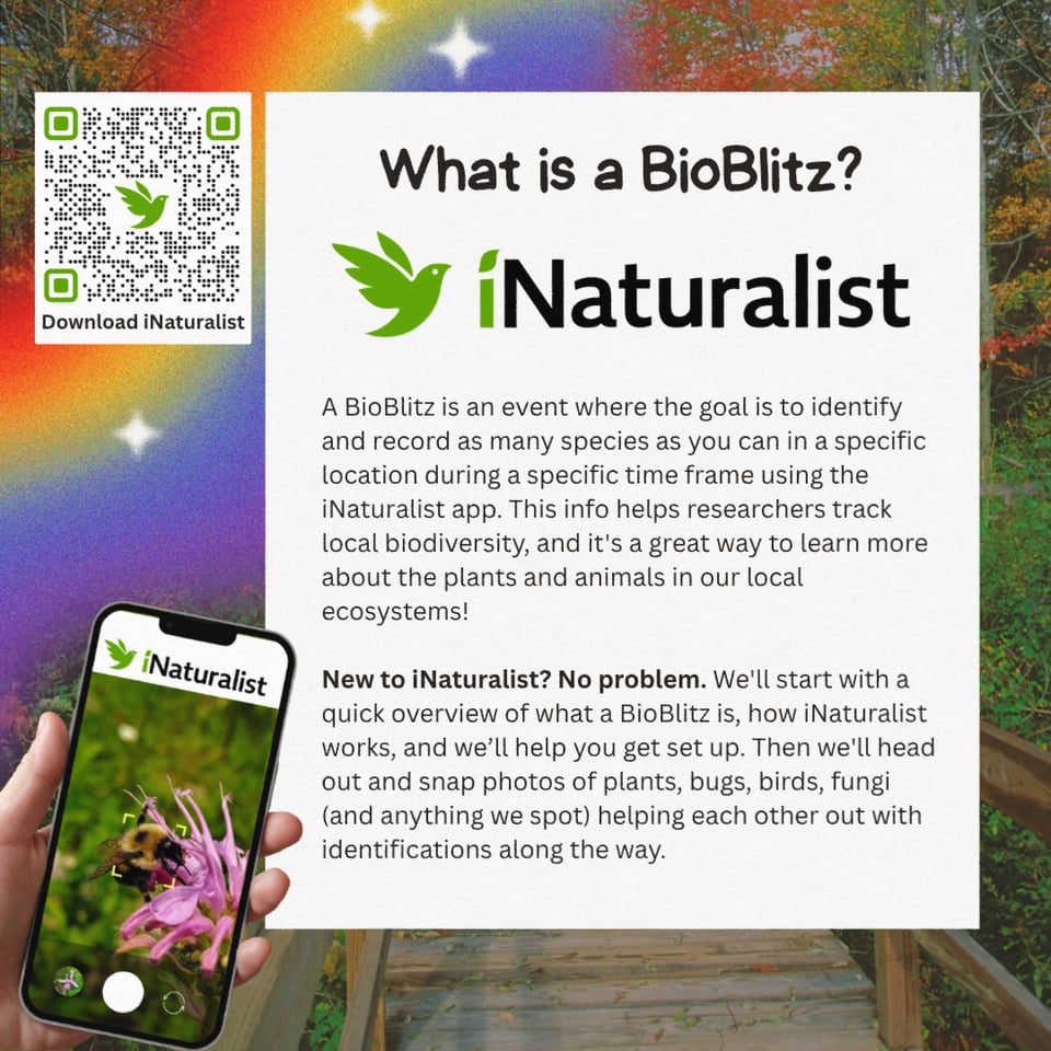 What is a BioBlitz?
A BioBlitz is an event where the goal is to identify and record as many species as you can in a specific location during a specific time frame using the iNaturalist app. This info helps researchers track local biodiversity, and it's a great way to learn more about the plants and animals in our local ecosystems!

New to iNaturalist? No problem. We'll start with a quick overview of what a BioBlitz is, how iNaturalist works, and we’ll help you get set up. Then we'll head out and snap photos of plants, bugs, birds, fungi (and anything we spot) helping each other out with identifications along the way.