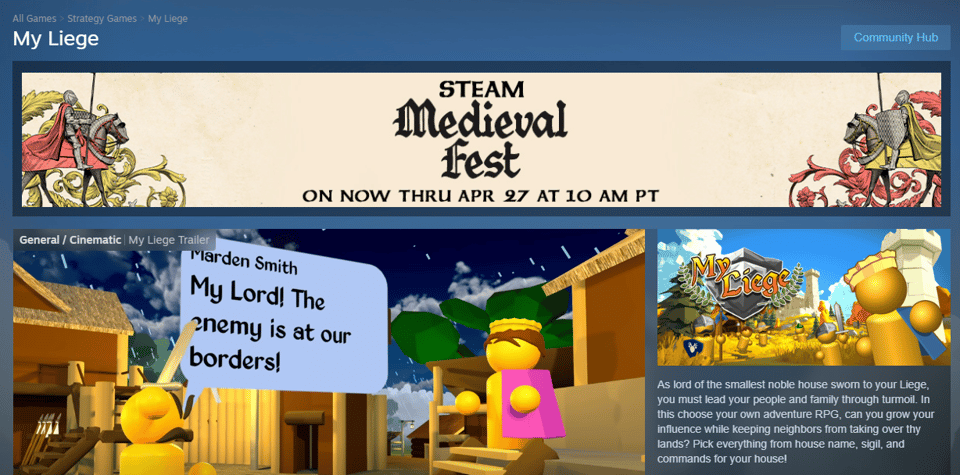 The My Liege store page with the "Steam Medieval Fest" displayed across the top.