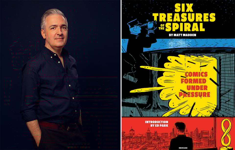 Two images: left, photo of cartoonist Matt Madden; right, cover of Matt's new book, SIX TREASURES OF THE SPIRAL