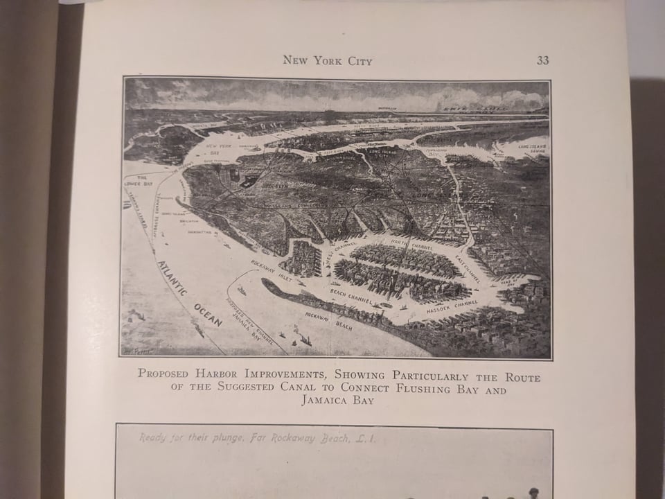 Map of "proposed harbor improvements, showing particularly the route of the suggested canal to connect Flushing Bay and Jamaica Bay."