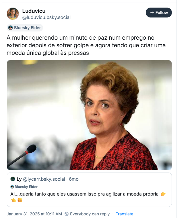 A imagem mostra post de Luduvicu (‪@luduvicu.bsky.social‬) com uma foto de Dilma Rousseff olhando pra câmera e o texto: A mulher querendo um minuto de paz num emprego no exterior depois de sofrer golpe e agora tendo que criar uma moeda única global às pressas