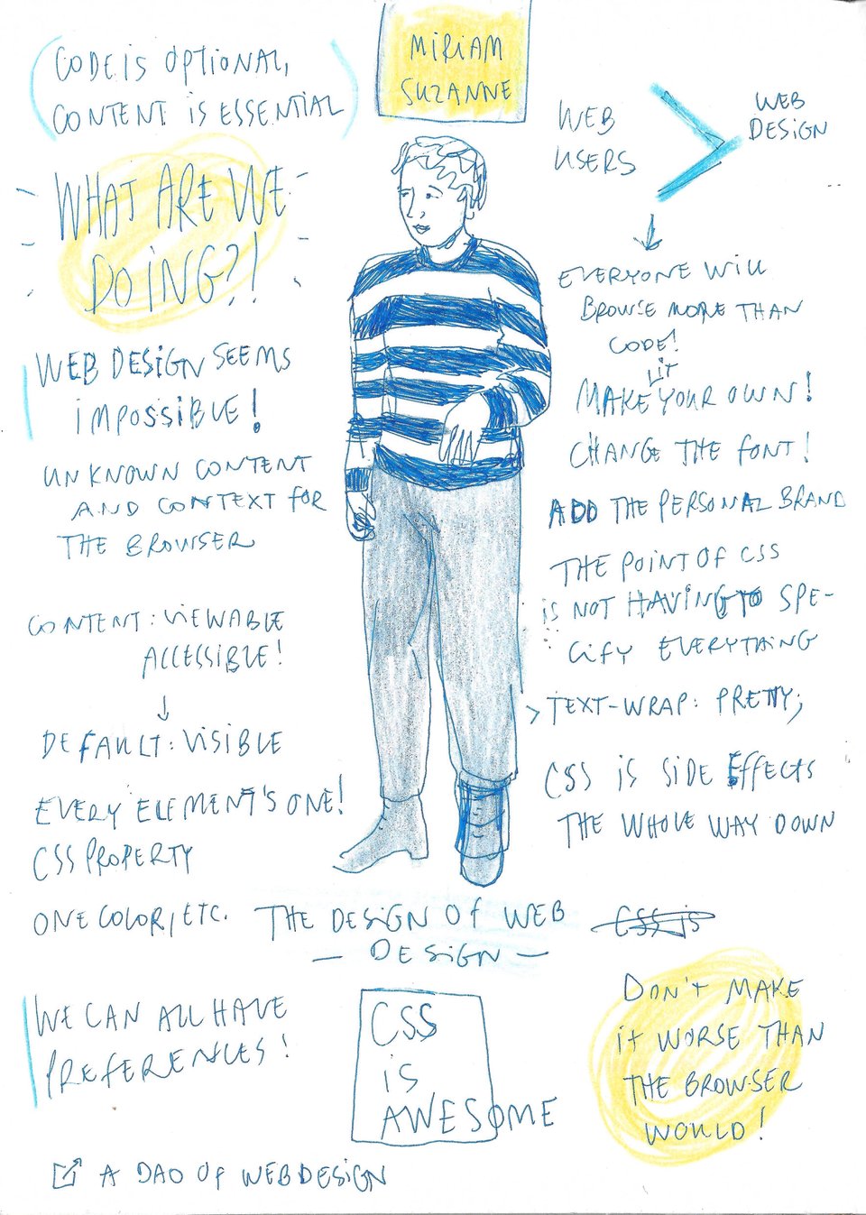 Live sketchnotes of the conference talk of Miriam Suzanne: Hints and Suggestions: The Design of Web Design, at Beyond Tellerrand Berlin 2024. Pen and colored pencil on paper, by Julia Racsko
