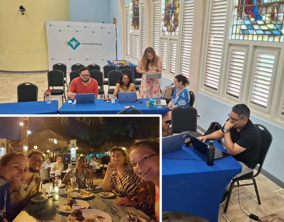 Two pictures of people working seriously behind their laptops in the MC Chapel of the University of Aruba, and a picture from a finished dinner in the evening under a palm tree with smiling people.
