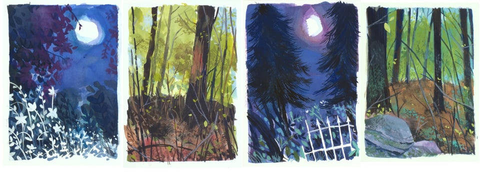 thumbnail images of four gouache landscape paintings