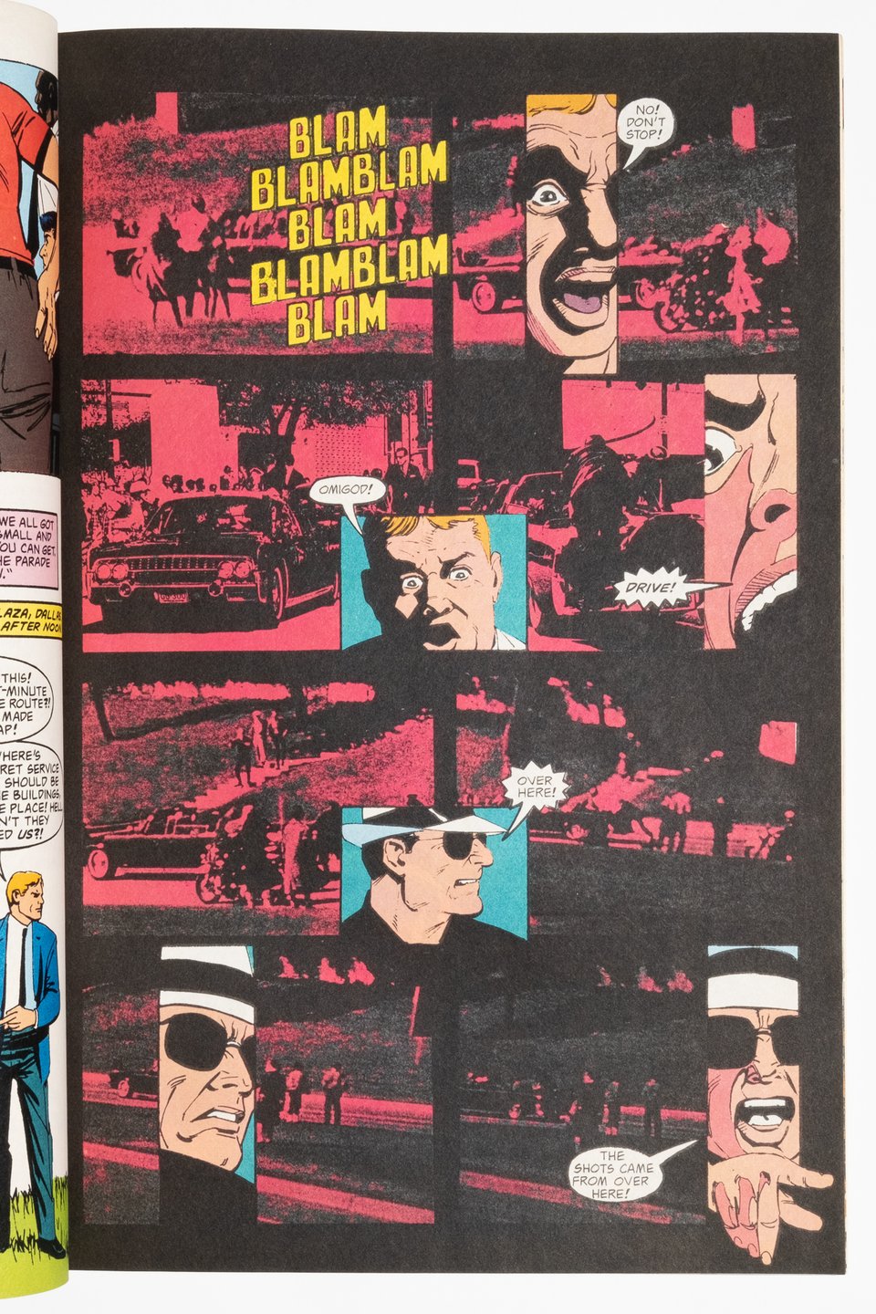 a page from Blackhawk Special by Mike Vosburg. Small inset illustrations by Vosburg are laid on top of red cast images of the Kennedy Assassination