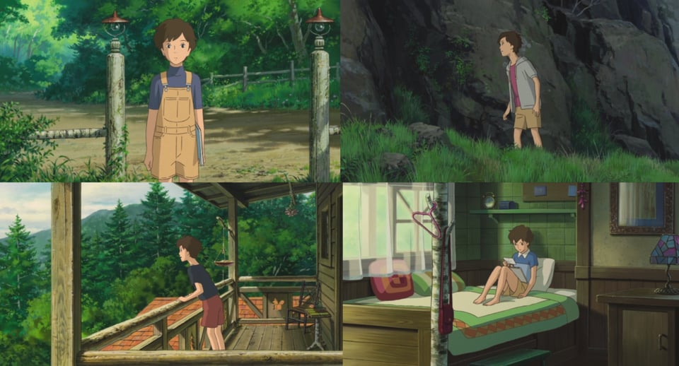 A collage of four screencaps from the film When Marnie Was There showing the protagonist Anna. She is a twelve-year-old girl with short hair and a tomboyish wardrobe.