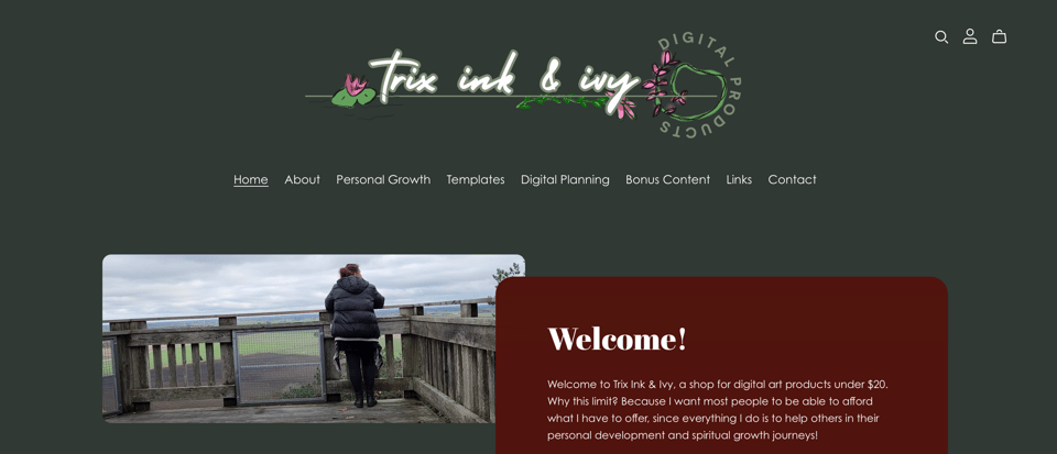 An image of a new art shop called "Trix Ink & Ivy", a screenshot of the storefront.