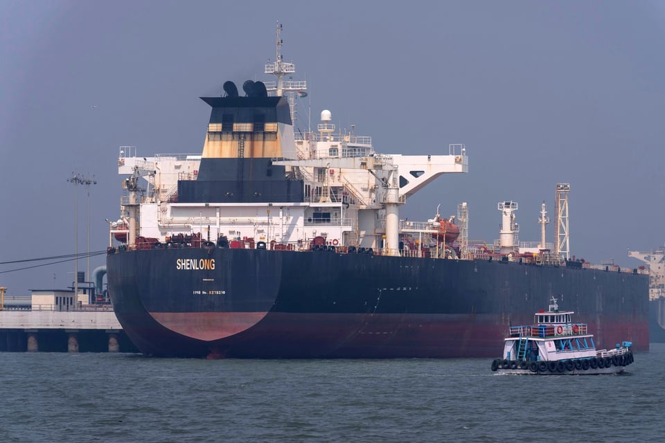 Liberia-flagged tanker Shenlong Suezmax, carrying crude oil from Saudi Arabia, is seen at the Mumbai Port in Mumbai, India, on March 12, 2026. AP
