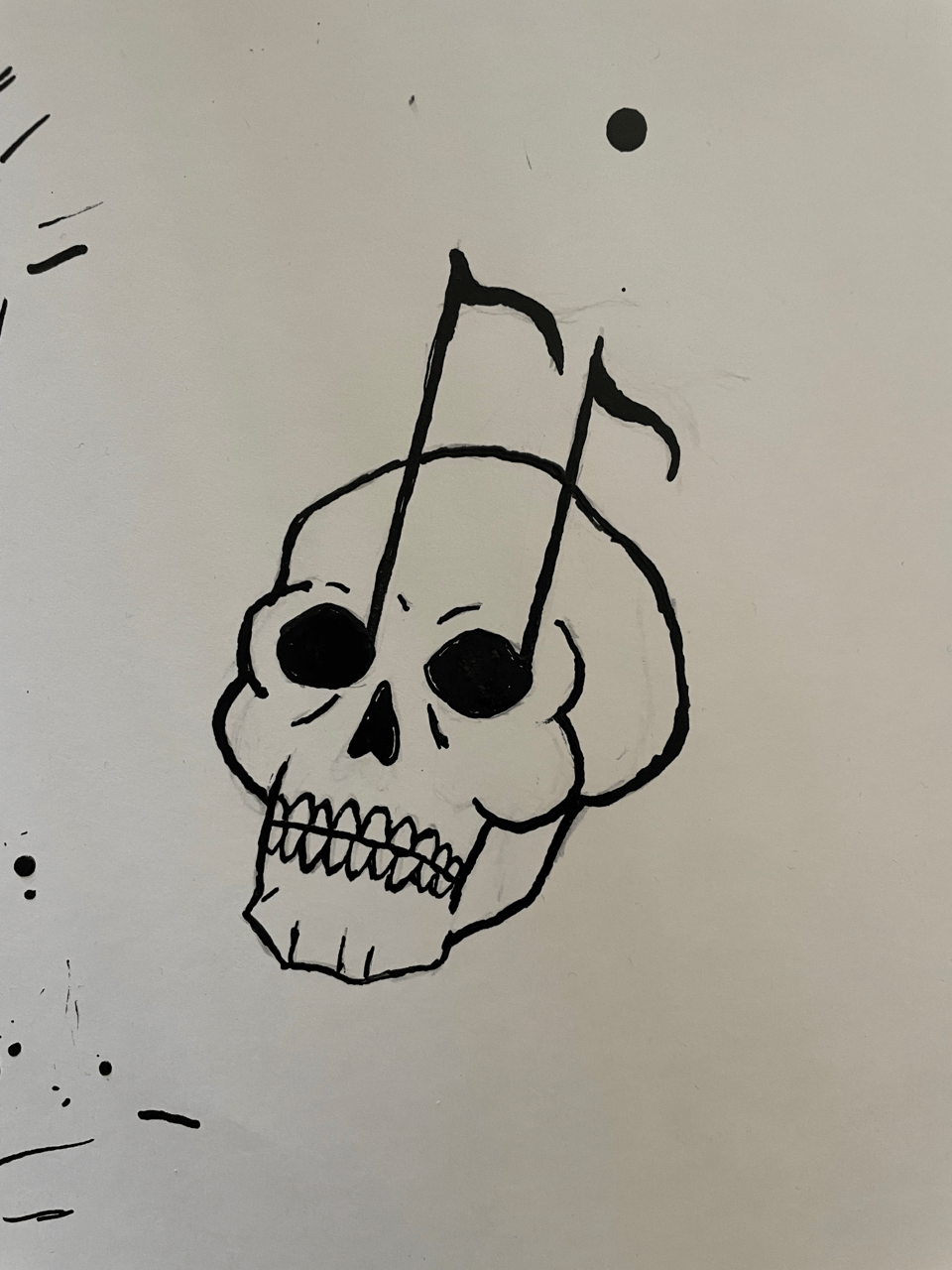An ink sketch of a skull head. Stems rise from the gaping eye holes to create eighth notes