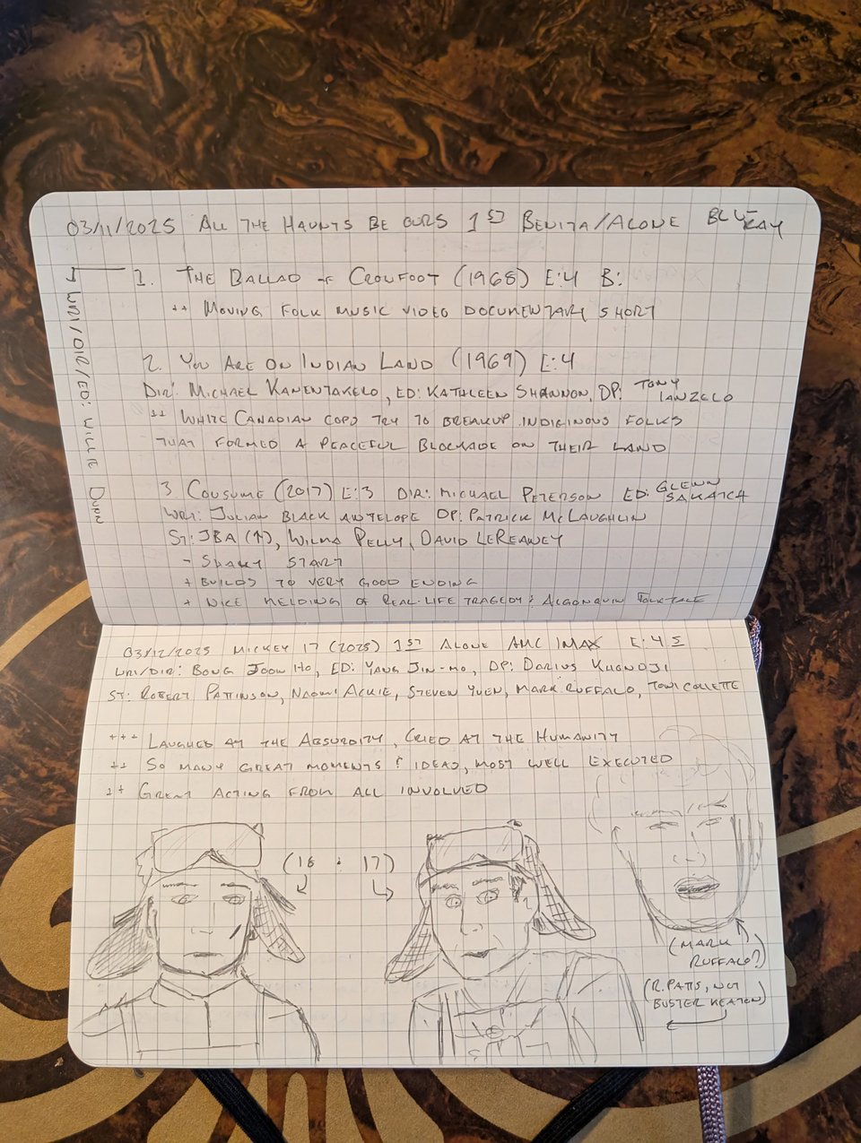 A quad-ruled notebook with handwritten notes/drawings about the movies The Ballad of Crowfoot, You Are On Indian Land, Consume, and Mickey 17.