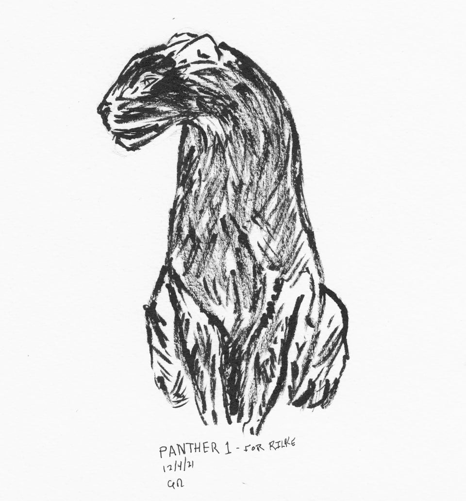 black-and-white brush-pen sketch of a seated panther, looking to its right