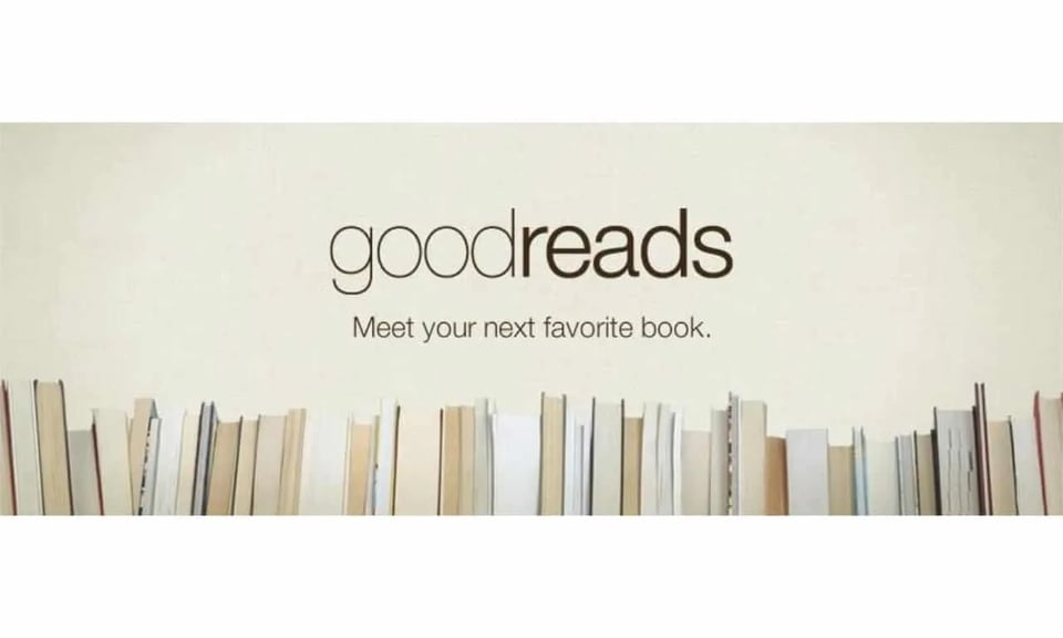 The goodreads logo, with the message "Meet your next favorite book" and a bunch of books turned page-outward.
