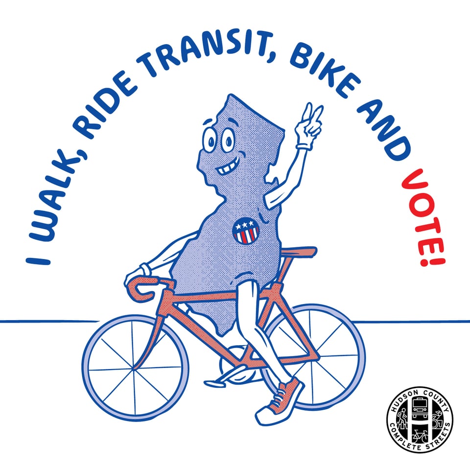 a cartoon character shaped like the state of new jersey riding a bike with the words walk ride transit bike and vote