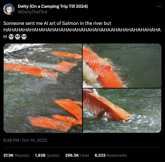 AI generated 'salmon in river' but they're salmon fillet in the river