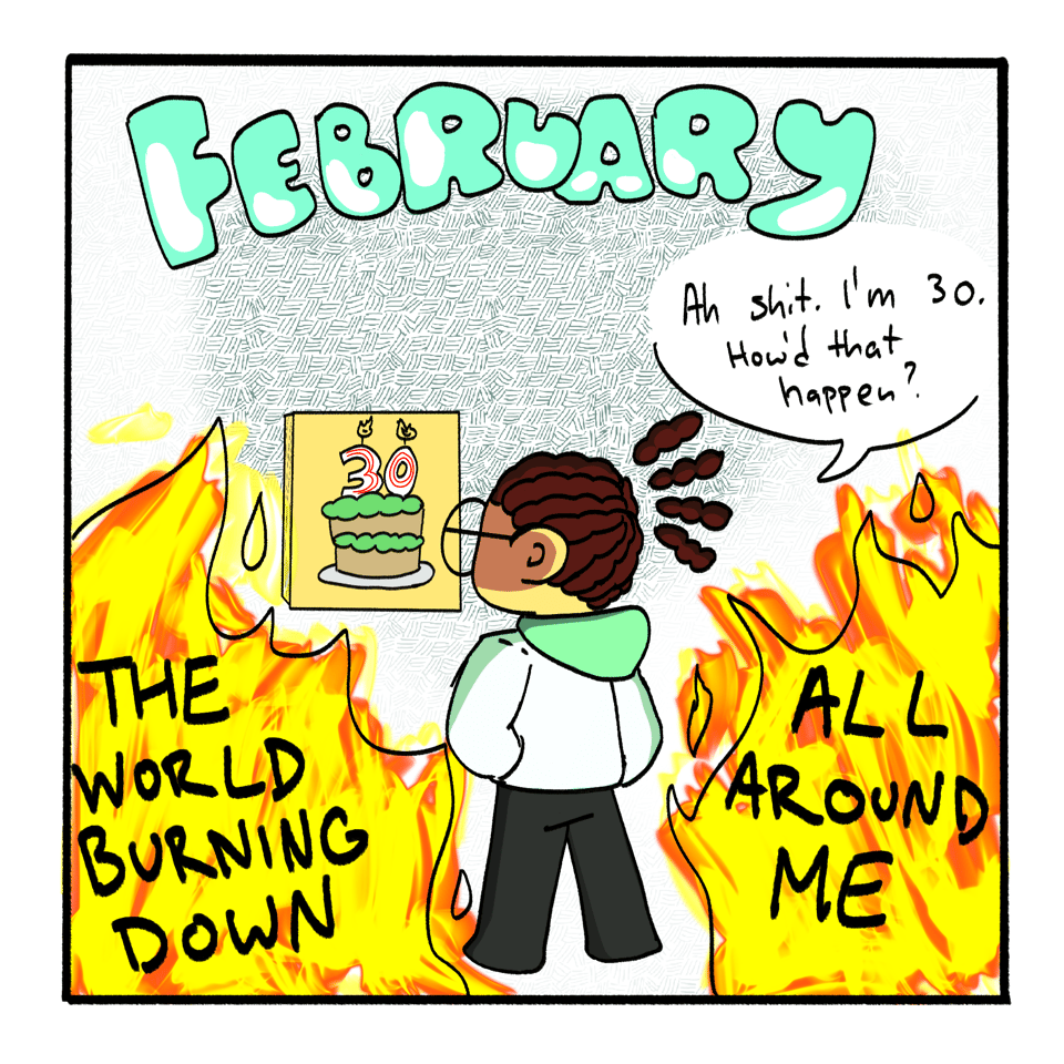 Vincent stands in front of a calendar that displays a cake with candles in the shape of the number 30. Their speech bubble says