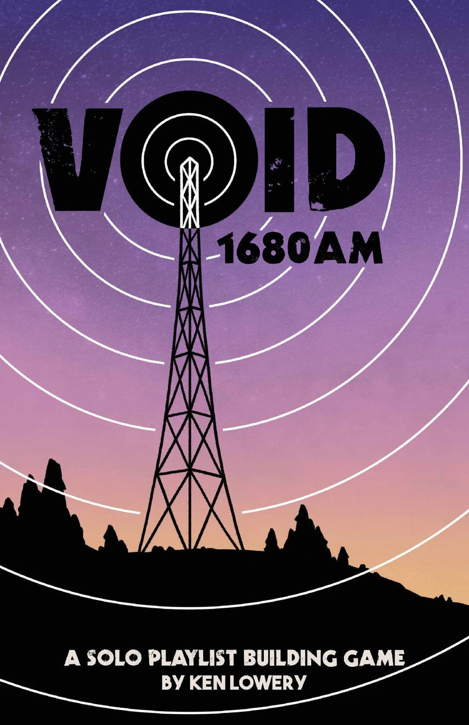 Promo image of the VOID 1680 AM game. An antenna emanating white "radiowaves"