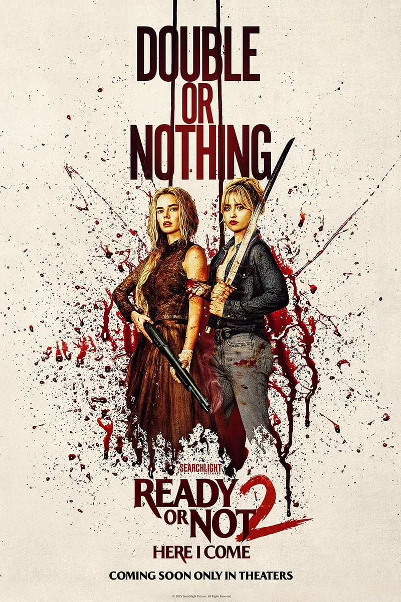 The movie poster for the film Ready or Not 2: Here I Come, featuring two ladies holding weapons against a blood-splattered background.
