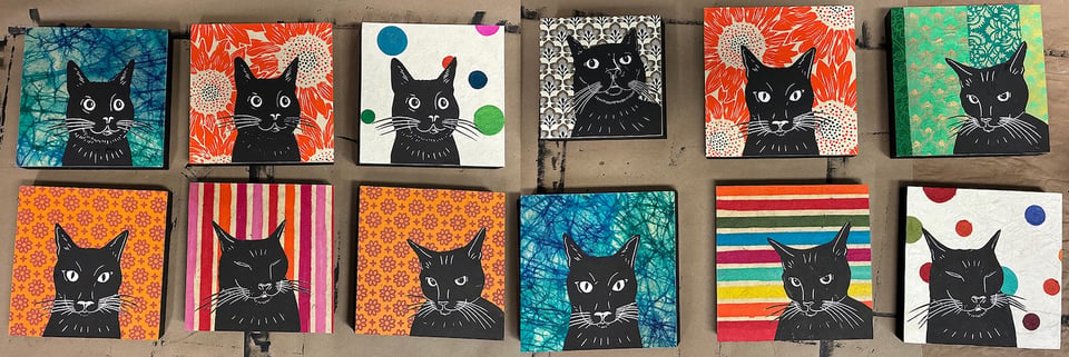 Black cat portraits of different facial expressions are collaged onto different patterned paper. 12 different variations are shown.