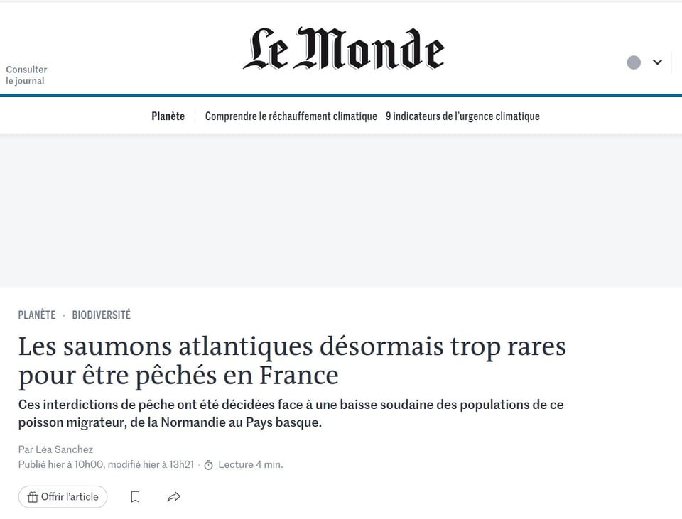 Article du Monde du 31-1-2025 sur le déclin du saumon atlantique de Léa SANCHEZ