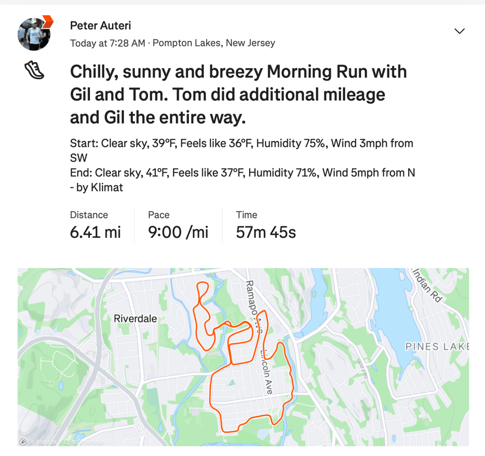 Screencap of a Strava update, showing a 6.4-mile run done at a 9:00/mi pace, with a map of the Pompton Lakes, NJ area route