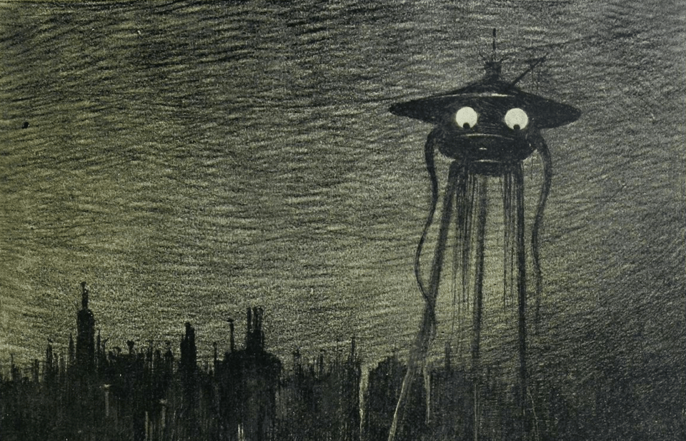 A weird looking alien, hand drawn, from an old War of The Worlds book