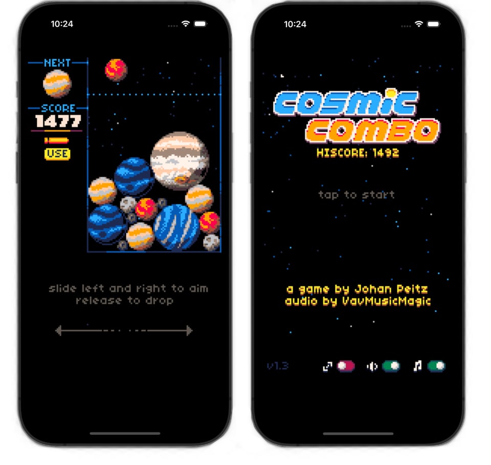 Two screenshots from the game Cosmic Combo. One showing gameplay of plantes being stacked, and the other the title screen.