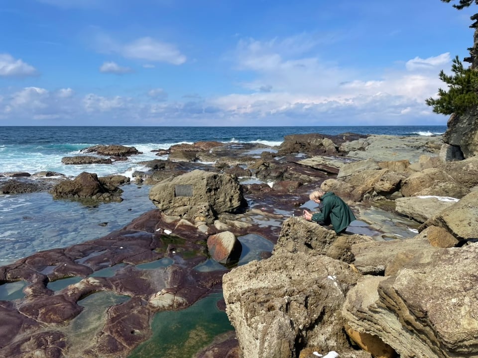 Chunky rocks surrounding tidepools alive with little sea grasses and algae.