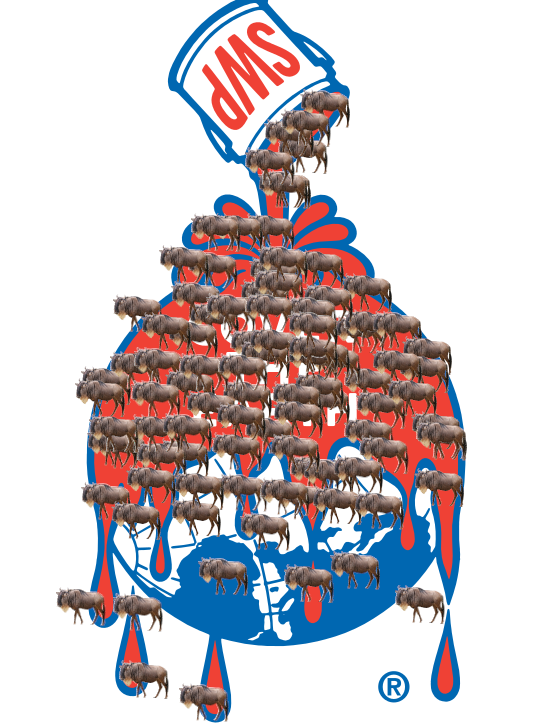 terrible photoshop of the Sherwin-Williams paint logo, showing a blue globe of planet Earth being covered in red paint. The photoshop adds a bunch of tiny wildebeests over the logo.