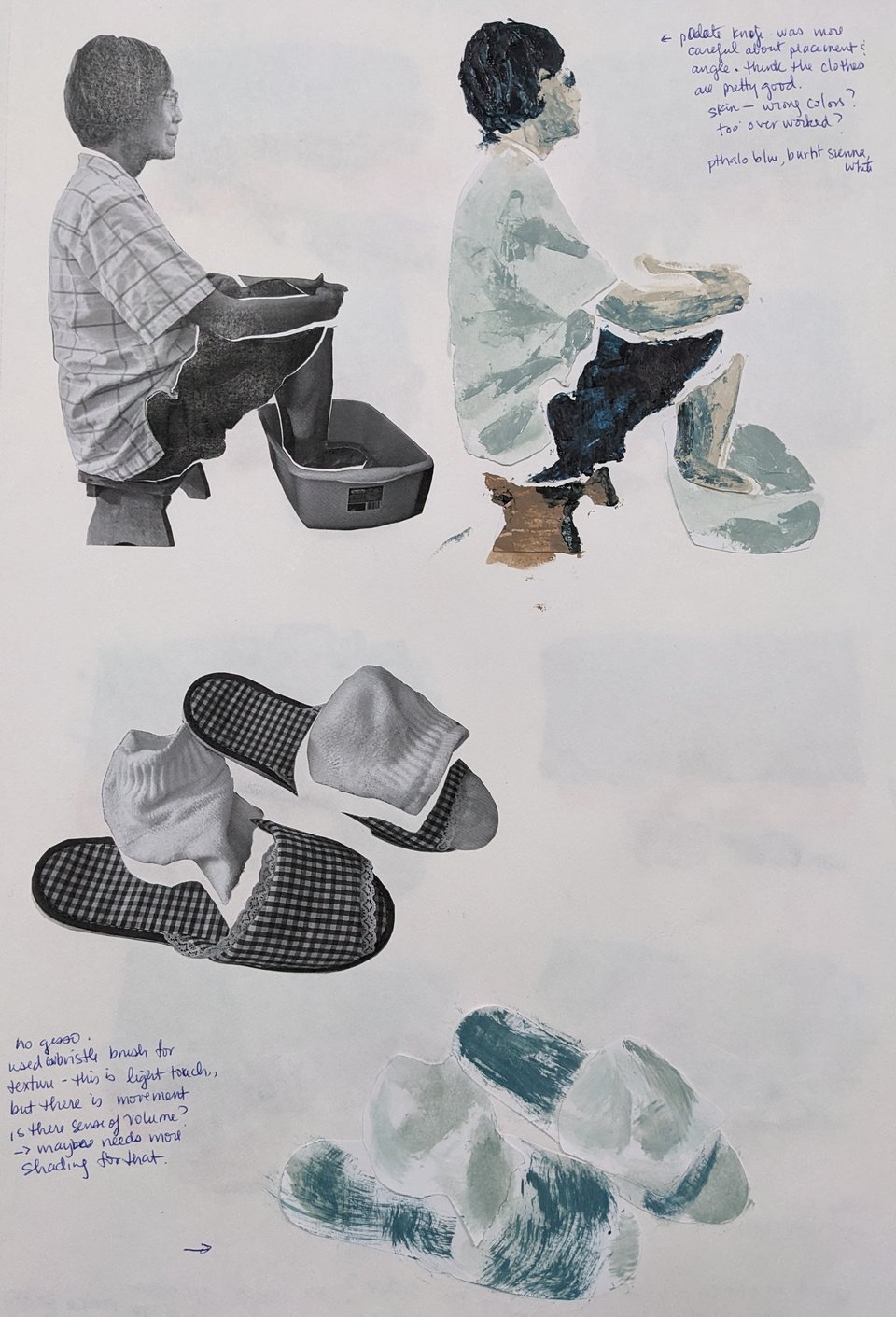 Page from a notebook with slippers and a woman soaking her feet