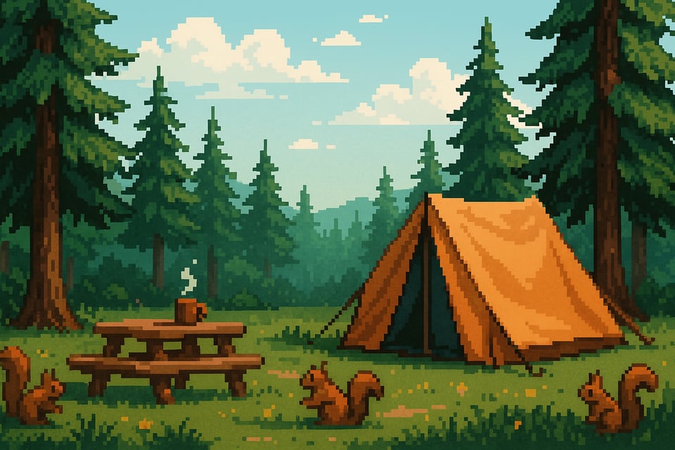 AI-generated pixel art of a forest campsite with an orange tent, a wooden picnic table holding a steaming mug, and four red squirrels scattered around. Tall pine trees fill the background under a bright blue sky with fluffy clouds.