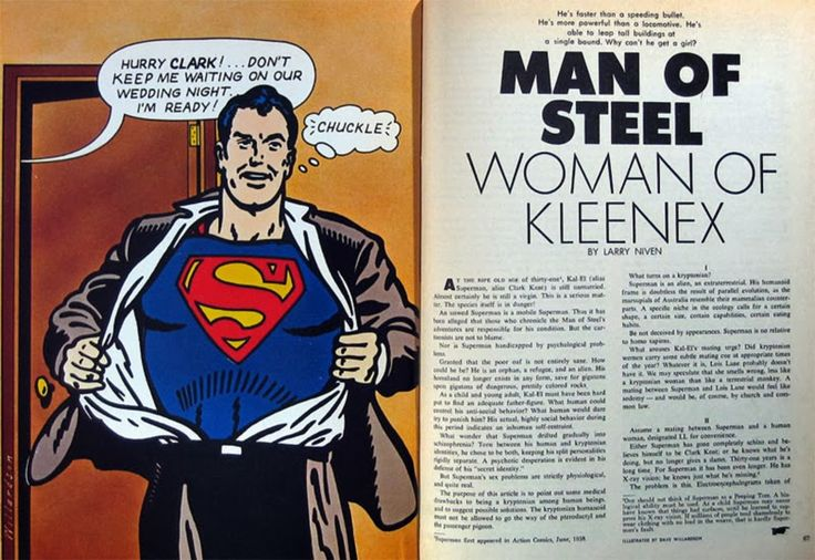 The original publication of "Man of Steel, Woman of Kleenex." An offscreen Lois tells Clark not to keep her waiting on their wedding night. Clark is taking off his short to reveal his Superman costume and chuckling at the surprise Lois is about to have