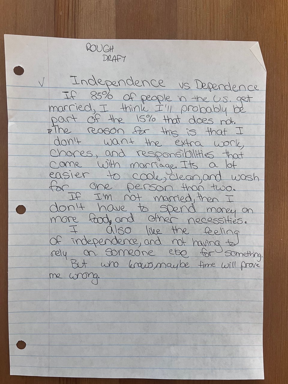 Photograph of a piece of notebook paper with a short essay from a younger Eira suggesting why she would never get married